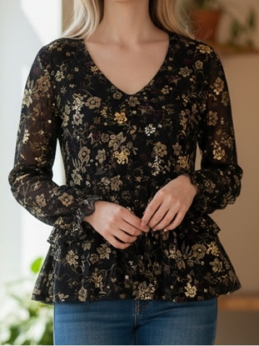 Style & Co. Black Sheer V-Neck Peplum Top with Metallic Gold Floral Size L